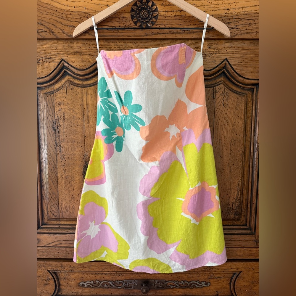 Sabo Skirt Size XL Floral Strapless mini Sundress in White, Lime, Peach & Pink
